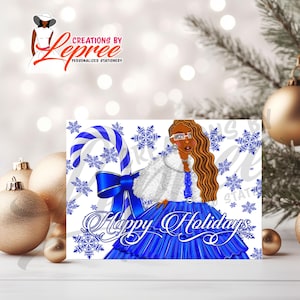 Tarjeta navideña de mujer negra / Tarjeta de felicitación navideña / Diseño de copo de nieve y bastón de caramelo / Tarjeta navideña afroamericana / Tarjeta de invierno