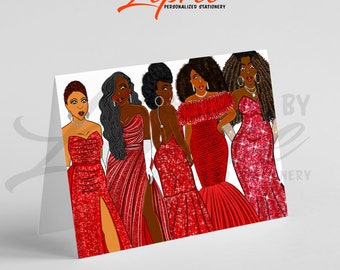 Personalized Friendship Card, African American Woman in Red Dresses