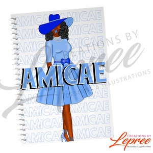 Zeta Amicae Personalized Notebook, Custom Lady in Hat Black Sorority Notebook