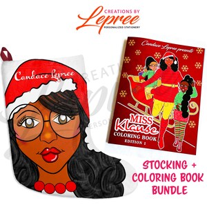 May include: A red and white stocking with a black and brown illustration of a woman wearing glasses and a Santa hat. The stocking is paired with a red colouring book titled "Miss Klauze Colouring Book Edition 1" featuring a black and brown illustration of a woman in a red dress and a Santa hat. The text "Candace Lepree presents" is printed on the cover of the colouring book.