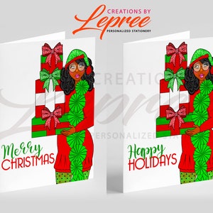 Cartão Feliz Natal personalizado, Boas Festas, Papai Noel Preto, Senhorita Noel