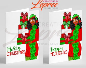 Personalized Merry Christmas, Happy Holiday, Black Santa, Miss Claus Card