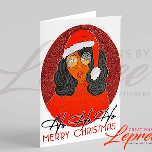 Cartão Personalizado Ho Ho Ho Black Santa, Miss Claus Glitter Feliz Natal