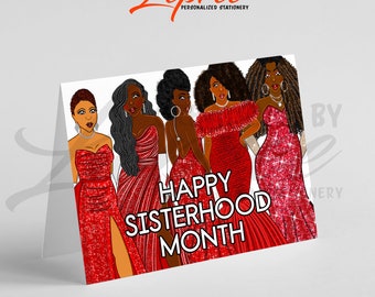 Delta Sigma Theta Sisterhood Month Card - 5 Black Women in Red Glam Dresses - Original Illustrations