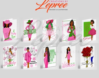 AKA Inspired Personalized Card, Sorority Card, Pink and Green Card Bundle