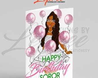 AKA-Inspired, Pink and Green, Personalized Happy Birthday Card, Happy Birthday Soror Card