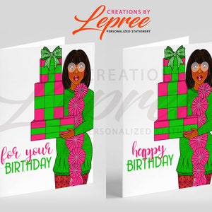 Personalized Pink and Green Birthday Card, Black Sorority Birthday Card, Custom Birthday Card, Happy Birthday Greeting Card