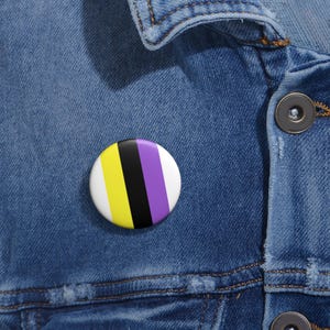 May include: A round button with a yellow, black, and purple striped design. The button is on a blue denim jacket.
