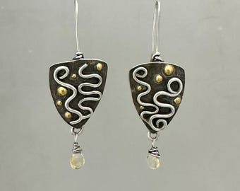 Handmade Silver with a touch of accent gold and citrine teardrop drop earrings, original art, antique and organic look