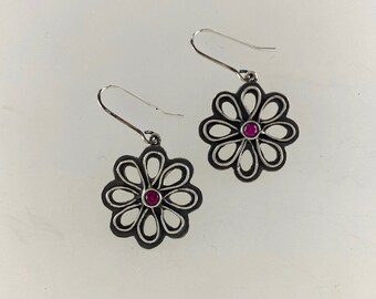 Handmade Silver flower earrings with Lab grown Ruby, fine silver metal clay, dainty, bohemian