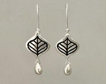 Handmade Fine Silver leaf with teardrop earrings, dainty, minimalist.