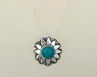 Handmade Fine Silver Sunflower with Turquoise cabochon dainty pendant