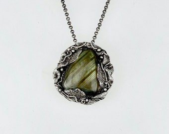 Handmade Fine Silver organic labradorite cabochon pendant, unique focal piece