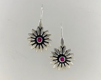 Handmade fine Silver Ruby Flower Sunbeam drop earrings with lab ruby cabochon one of a kind piece