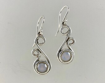Handmade Fine Silver swirl earrings with white opal nano gem, dainty