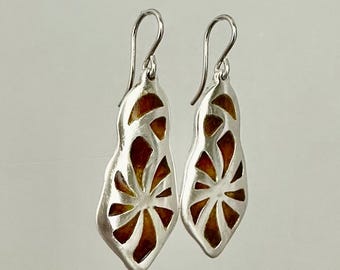 Handmade Silver earrings with brown enamel spiral motif, funky, modern