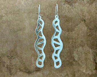 Handmade Minimalist long Fine Silver drop earrings. Modern and simple