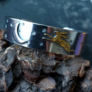 Silver leaping hare with Moon and Stars cuff bangle bracelet with star and moon accents and brass hare with little silver balls