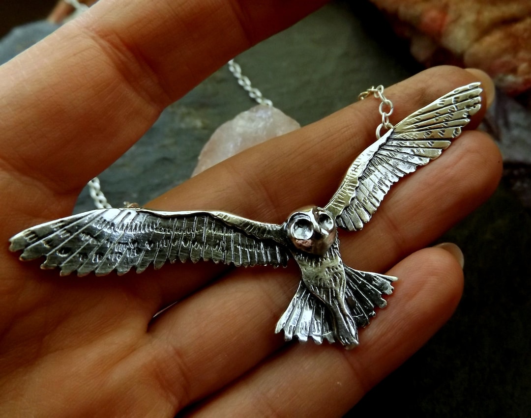 Sterling Silver Flying Owl Necklace, Textured Handmade Bird