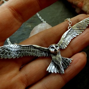 Sterling Silver Flying Owl Necklace, Textured Handmade Bird Pendant