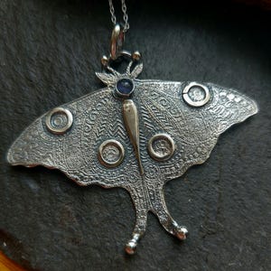 Silver Luna Moth and iolite etched necklace, butterfly necklace in sterling silver