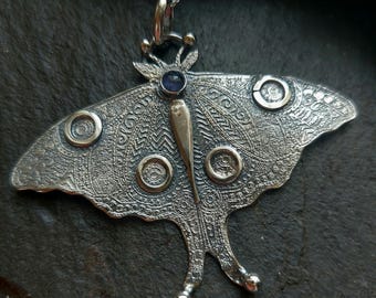 Silver Luna Moth and iolite etched necklace, butterfly necklace in sterling silver