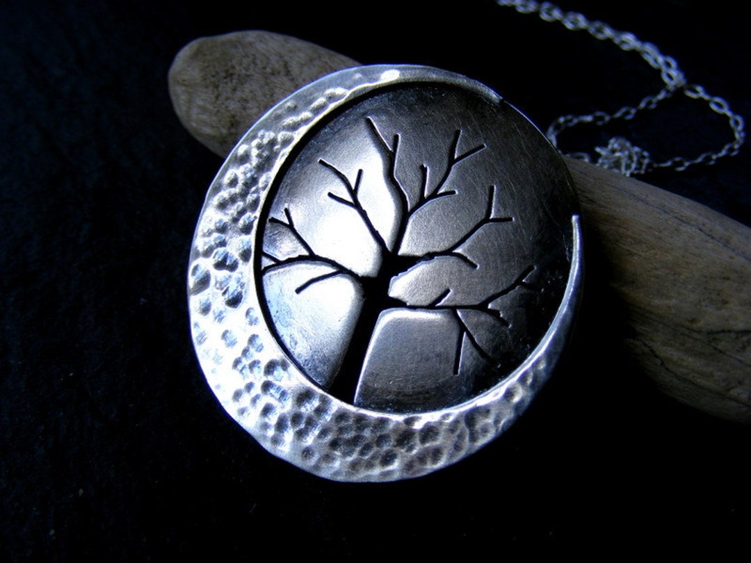 Silver Large Crescent Moon Tree Pendant With Hammered Detail and Silver ...