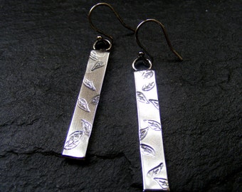 Silver Long Leaf Stamped Earrings  Textured elegant dangle earrings