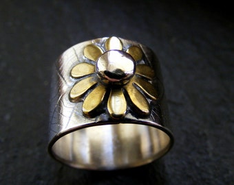 Silver Leaf textured flower ring ,brass and silver  Sterling Statement nature ring