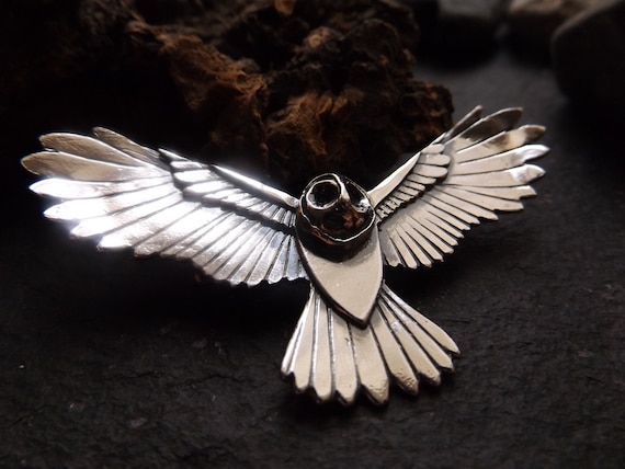 Silver Handmade owl brooch /pin, flying sterling silver owl with textured details