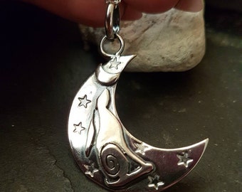 Silver Crescent Moon  with moon gazing hare and stars  Pendant necklace Stamped large crescent moon pendant with chain