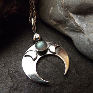 Silver labradorite crescent moon lunala necklace , silver inverted moon necklace with triple moon detail