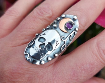 Silver Skull  Ring with copper moon and amethyst Silver Skull Saddle ring with moon