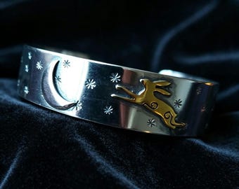 Sterling Silver Leaping Hare Moon Stars Cuff Bangle Bracelet – Celestial Brass Accents