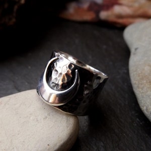 Silver inverted crescent moon ring  ,wide hammered lunar silver ring with hammered band
