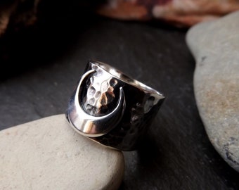Silver inverted crescent moon ring  ,wide hammered lunar silver ring with hammered band