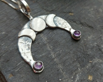 Silver crescent necklace with triple moon and amethyst with spiral bail
