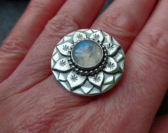 Silver Lotus Flower mandala ring with Moonstone