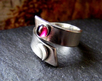 Silver Coil Moon Ring with Garnet Wraparound crescent moon ring