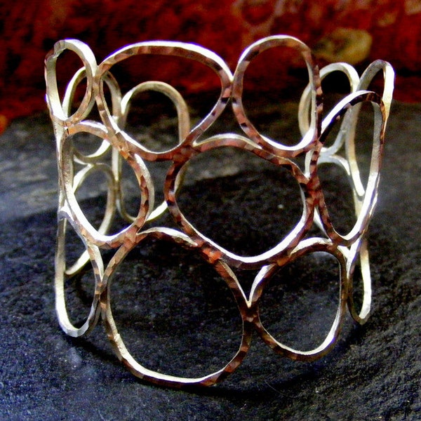 Silver Wide Cuff hammered Circles  silver bracelet