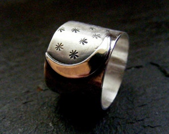 Silver Crescent Moon and Star design Celestial Sterling Statement Ring