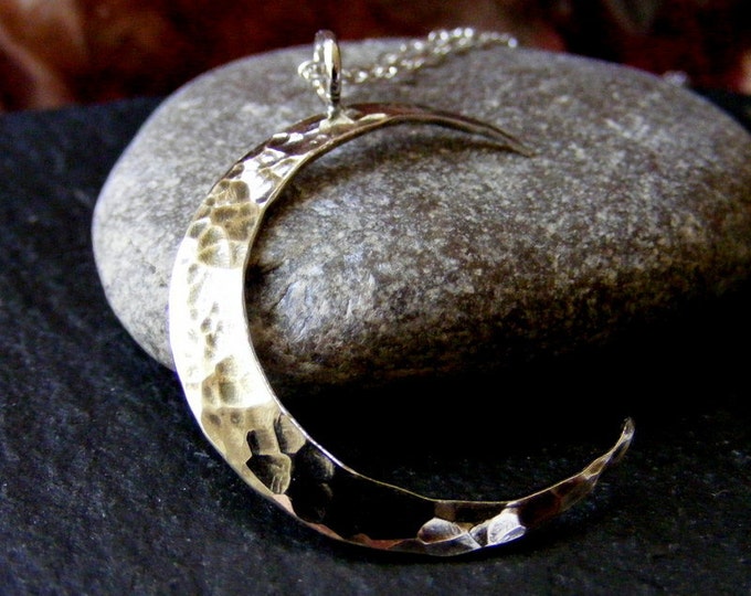 Silver Large Crescent Moon Hammered Pendant Textured Moon Necklace With ...