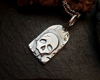 Silver tombstone skull necklace hammered silver necklace