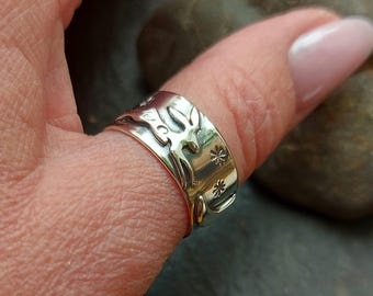 Silver Hare,Crescent Moon and Star design ring , running hare with moon ring