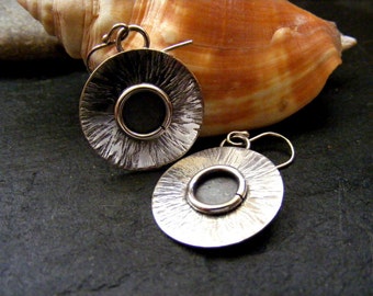 Silver Circle Dangle Earrings with hammered, oxidised detail