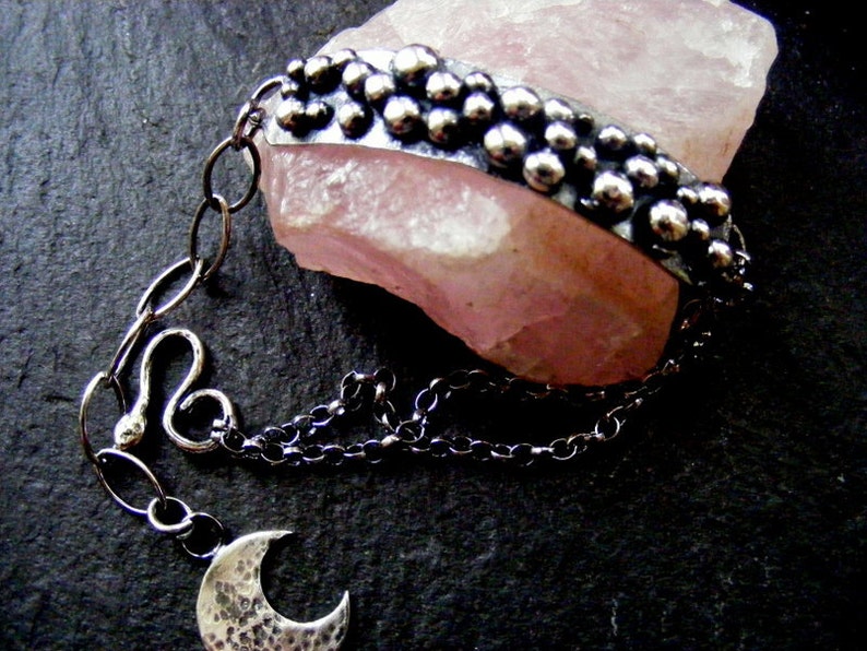 Silver Balls Rustic bracelet with crescent moon charm Oxidised silver bracelet