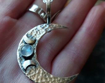 Silver Triple Moonstone Pendant Necklace, Hammered Crescent, 18" Chain