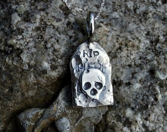 Silver tombstone RIP pendant , skull hammered silver necklace