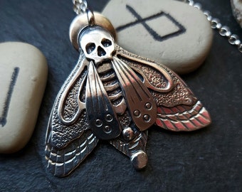 Silver moth pendant , skull head moth , textured deaths head moth necklace