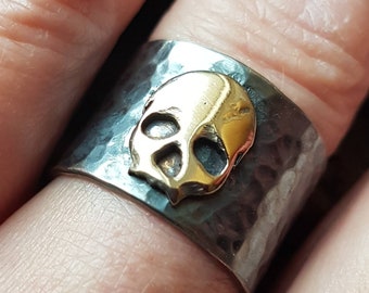 Silver oxidized skull ring with gold skull , black and gold skull ring